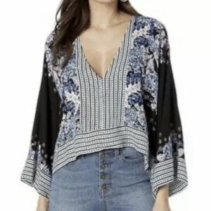 Free People Mix & Match Print Boho Kimono Style Blouse - XS Oversized